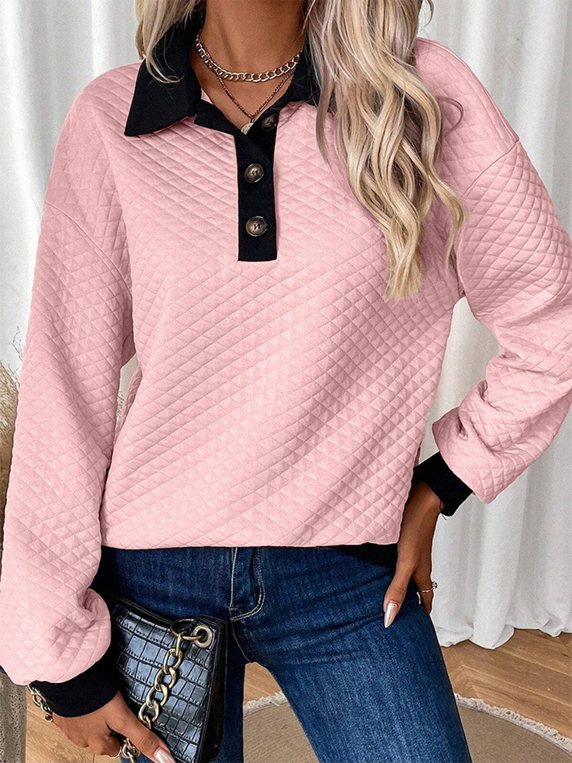 Texture Quarter Button Long Sleeve Sweatshirt - Charming Charlie
