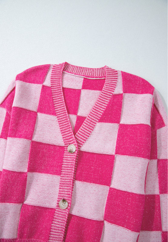 Checkered V-Neck Long Sleeve Cardigan - Charming Charlie