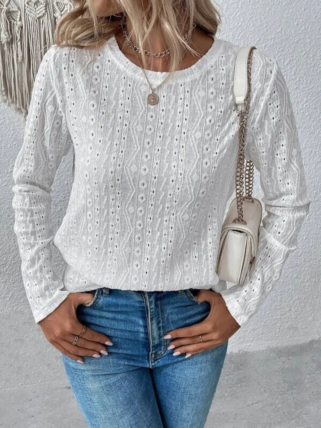 Eyelet Round Neck Long Sleeve Blouse - Charming Charlie