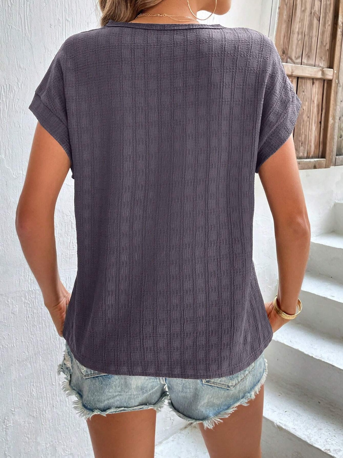 Textured Round Neck Short Sleeve Top - Charming Charlie