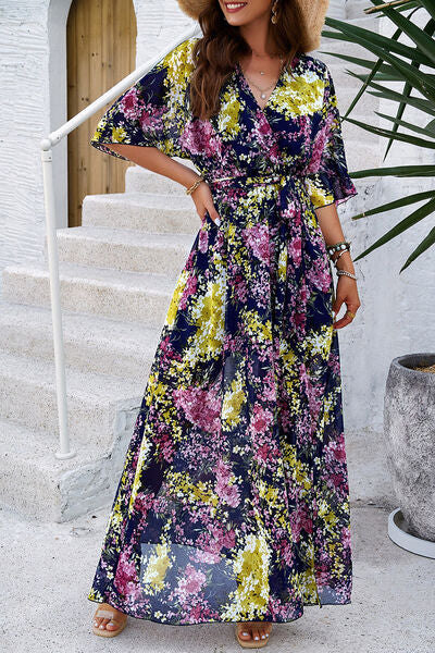 Printed Tied Half Sleeve Slit Dress - Charming Charlie
