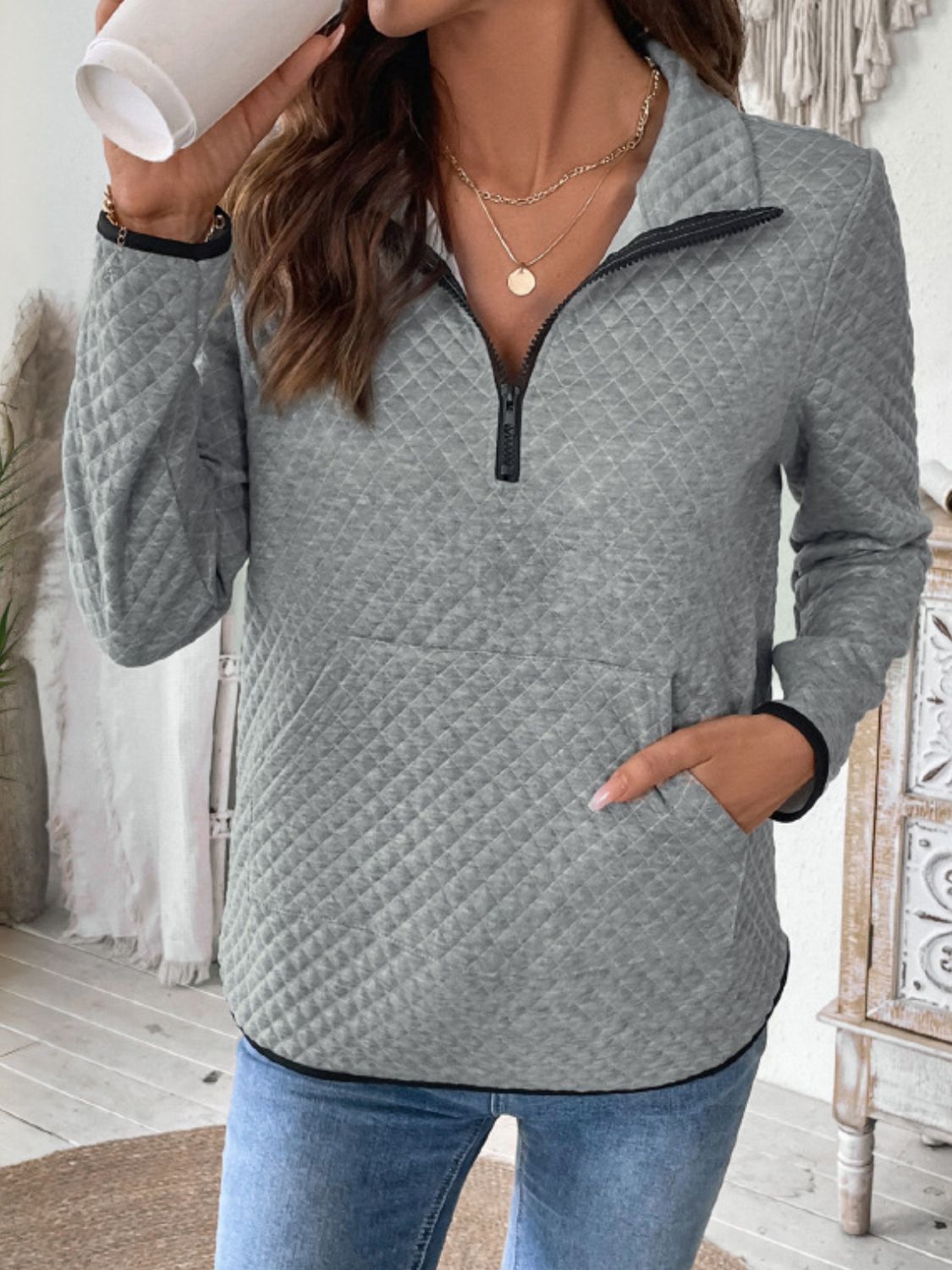 Perfee Texture Half Zip Long Sleeve Sweatshirt - Charming Charlie