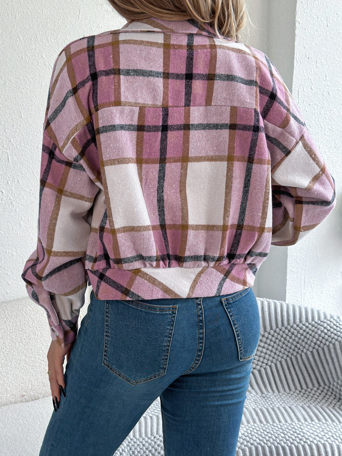 Plaid Button Up Long Sleeve Jacket - Charming Charlie