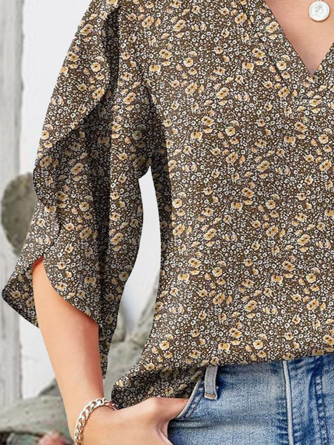 Printed Notched Half Sleeve Blouse - Charming Charlie