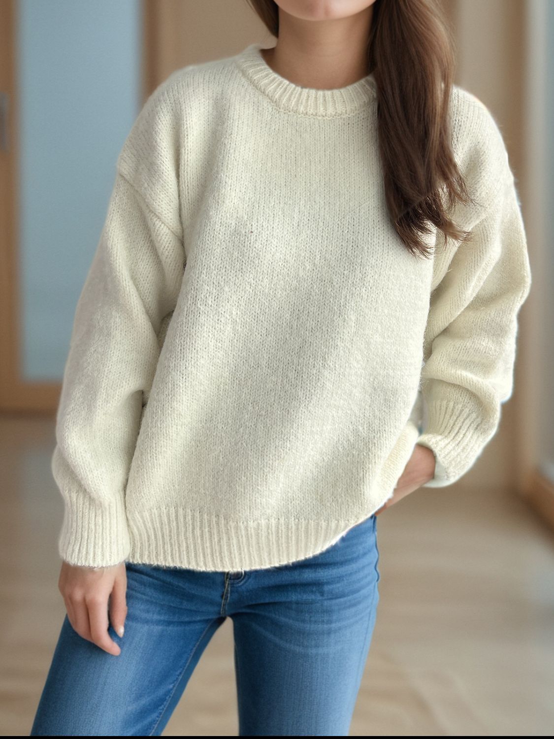 Round Neck Long Sleeve Sweater - Charming Charlie