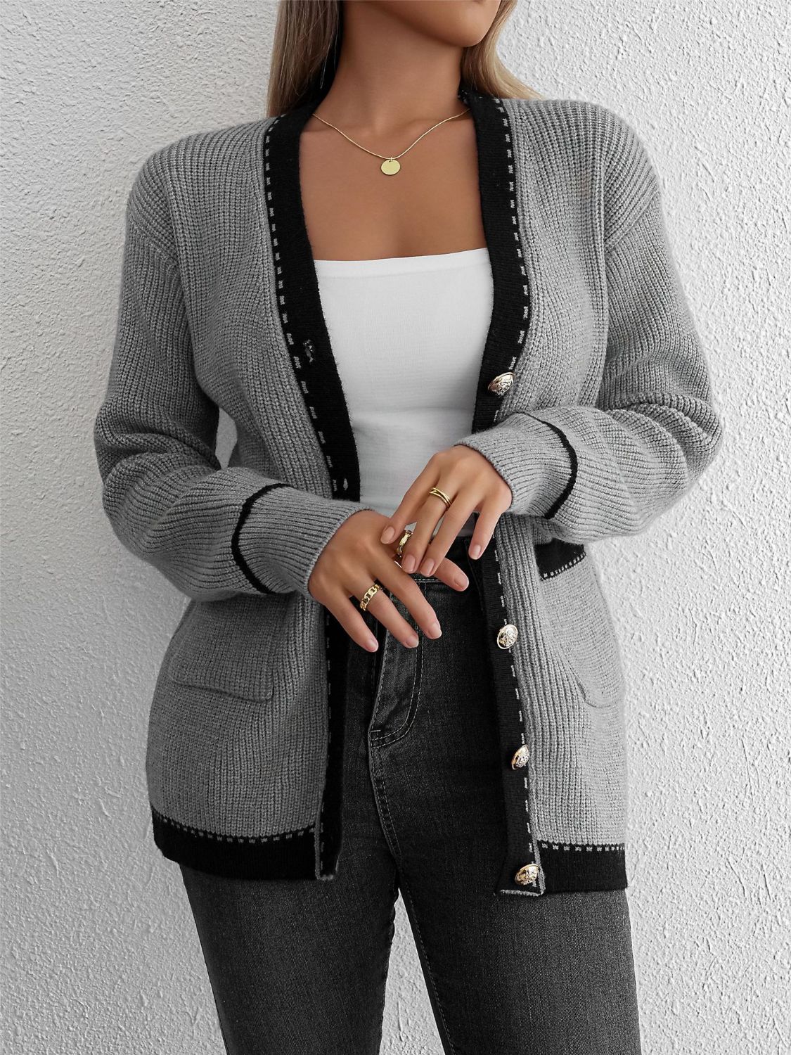 Contrast Trim Button Up Long Sleeve Cardigan - Charming Charlie