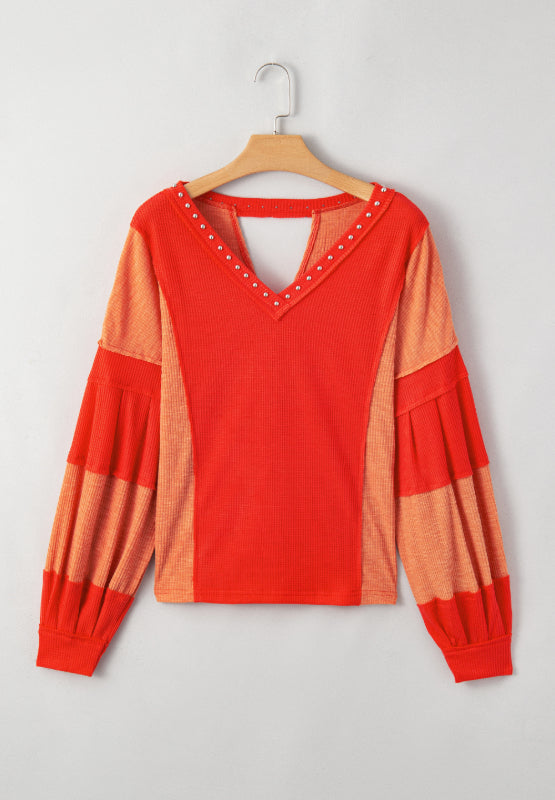 Studded Waffle-Knit V-Neck Long Sleeve Top - Charming Charlie