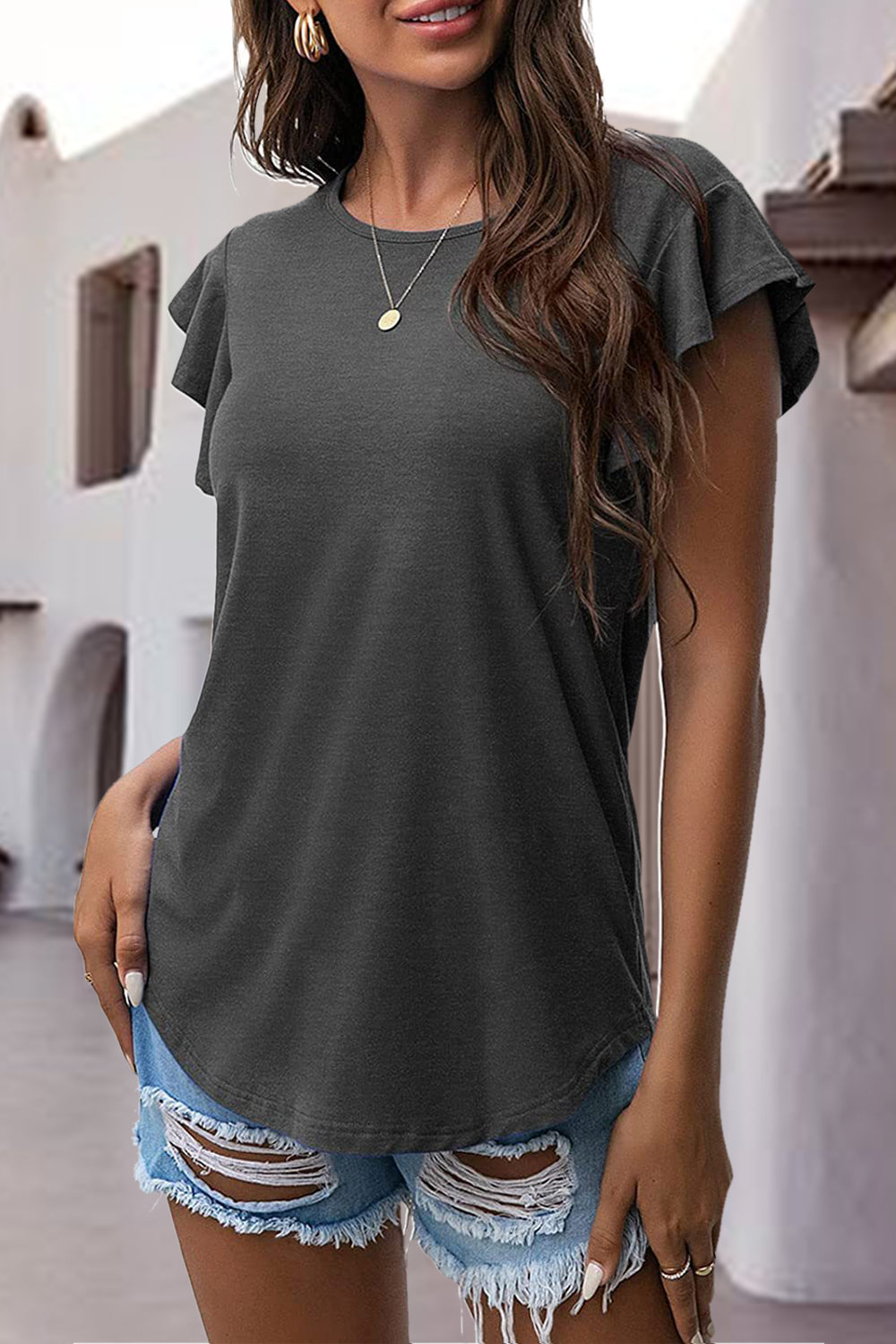 Ruffled Round Neck Cap Sleeve Blouse - Charming Charlie