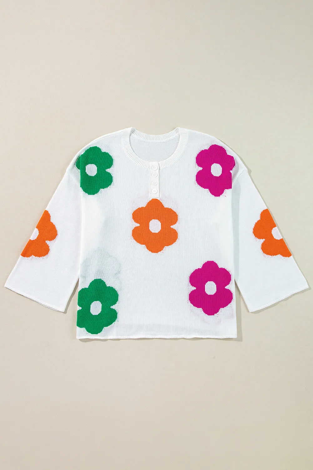 Flower Round Neck Quarter Button Knit Top - Charming Charlie