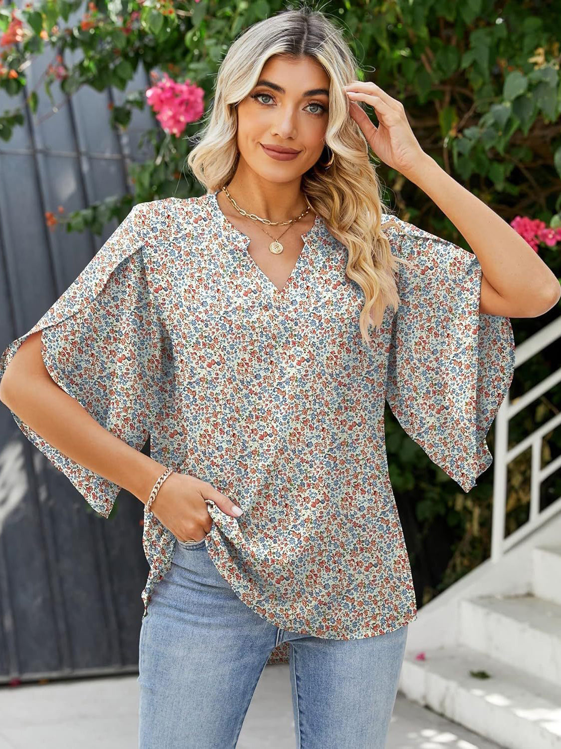 Printed Notched Half Sleeve Blouse - Charming Charlie