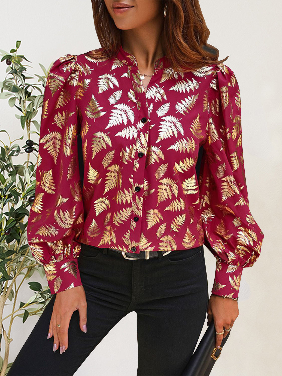 Printed Notched Long Sleeve Shirt - Charming Charlie