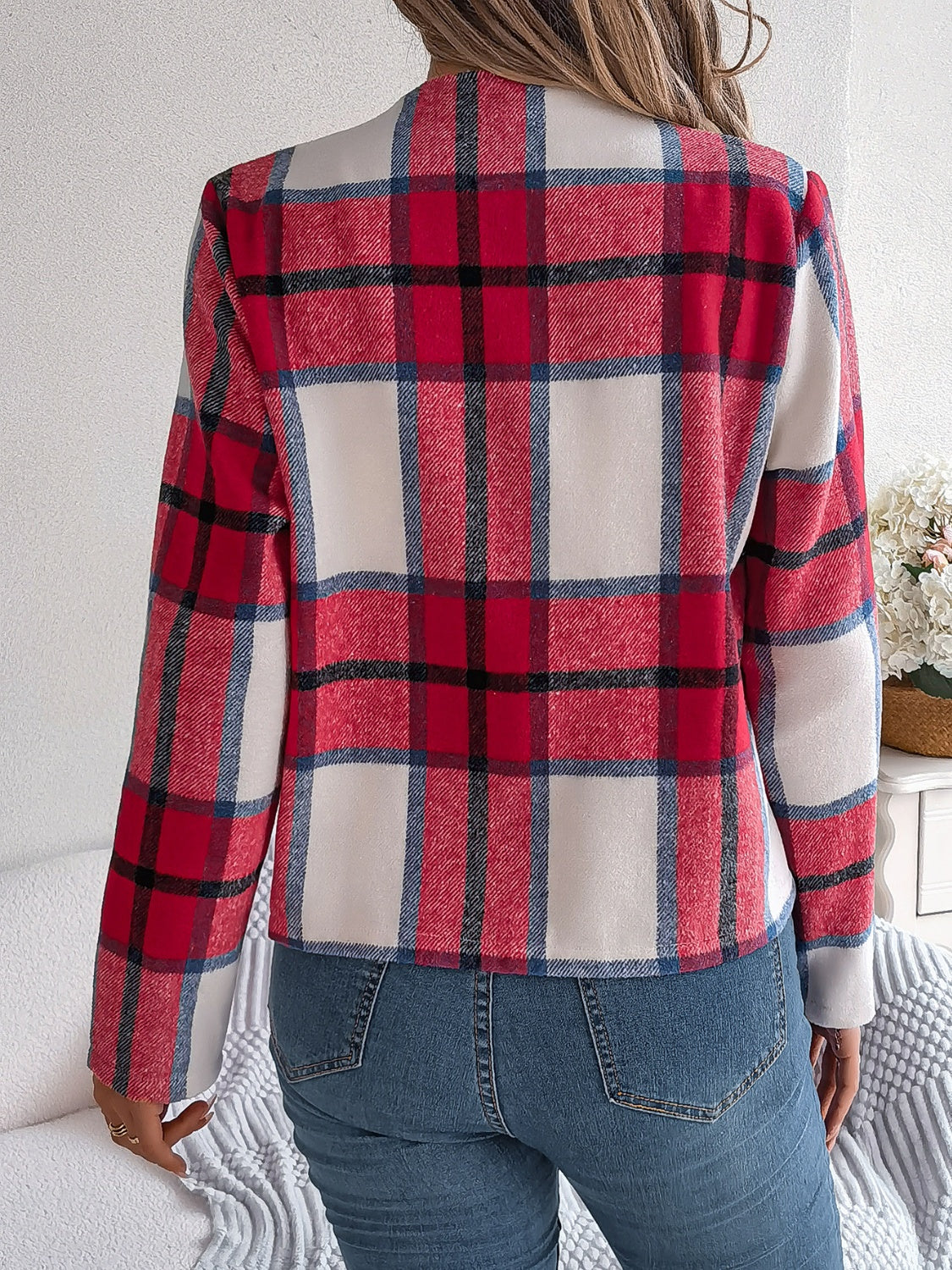 Plaid Open Front Long Sleeve Jacket - Charming Charlie