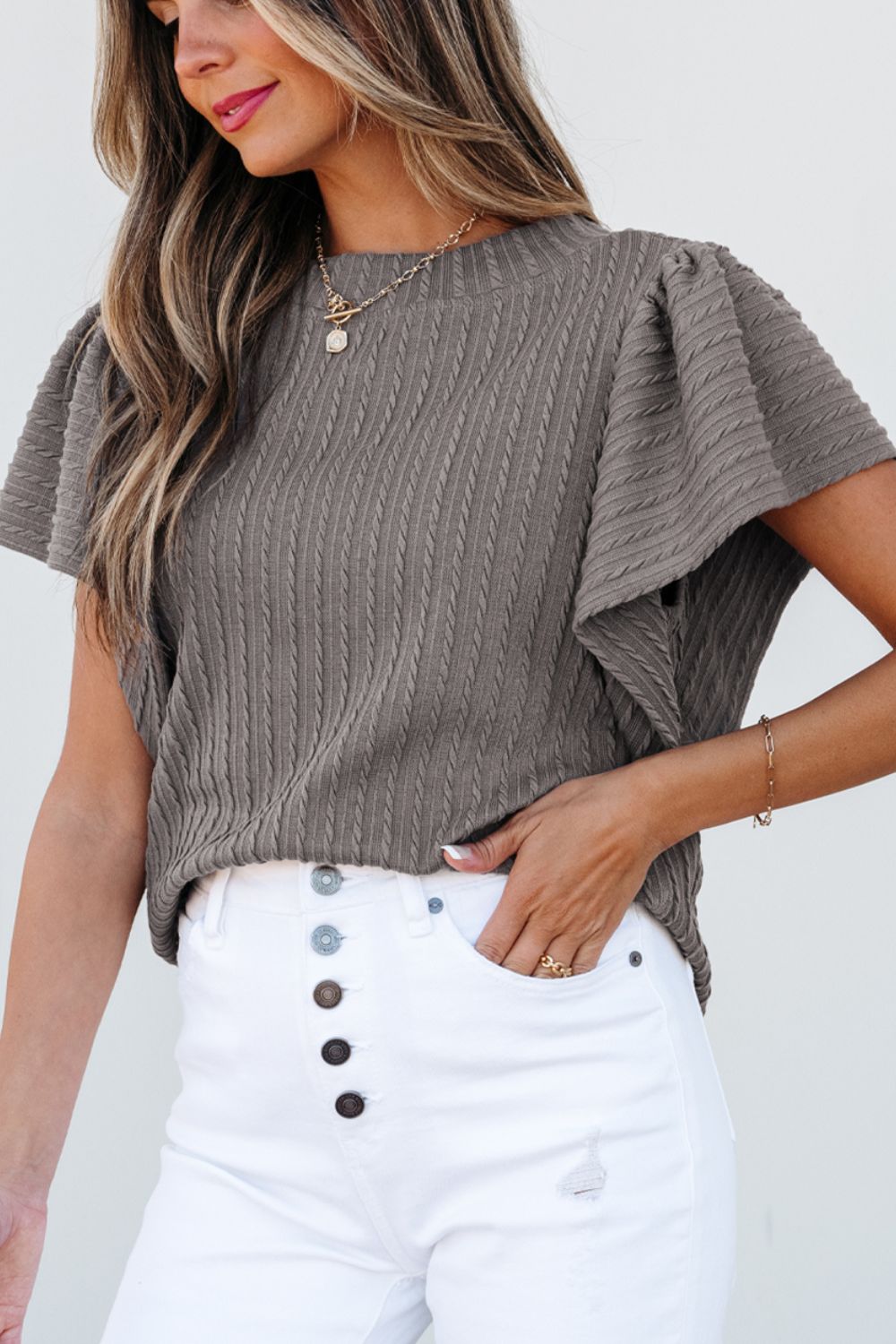 Textured Round Neck Flounce Sleeve Blouse - Charming Charlie