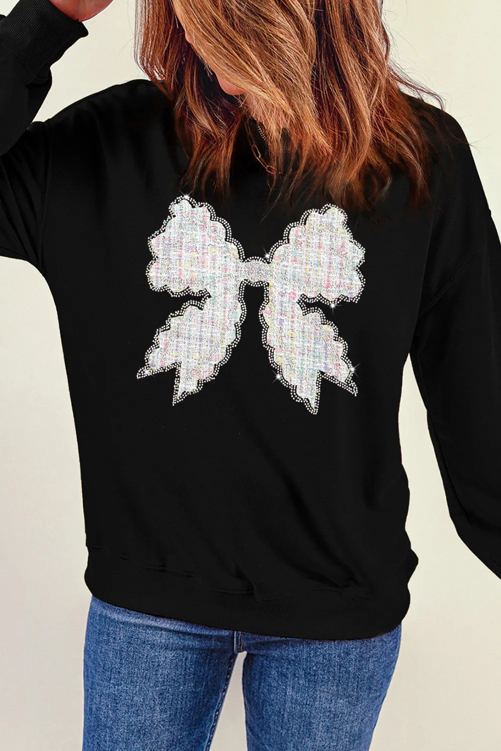 Contrast Bow Round Neck Long Sleeve Sweatshirt - Charming Charlie
