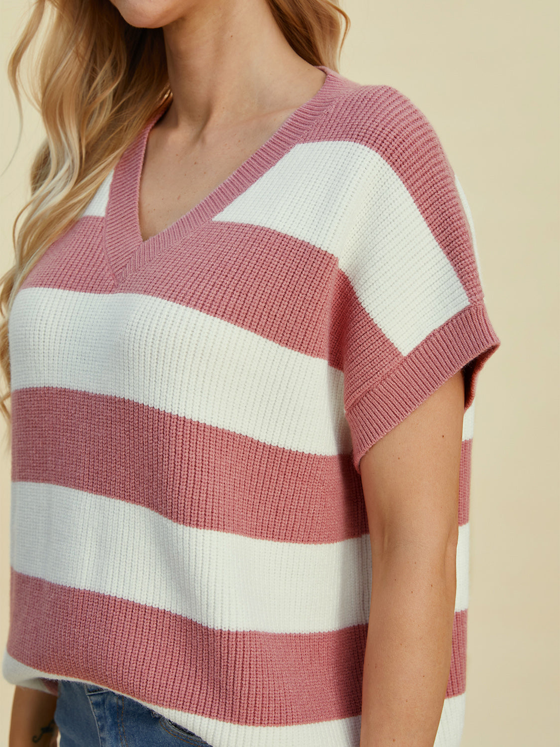 Double Take Full Size Striped V-Neck Short Sleeve Sweater - Charming Charlie