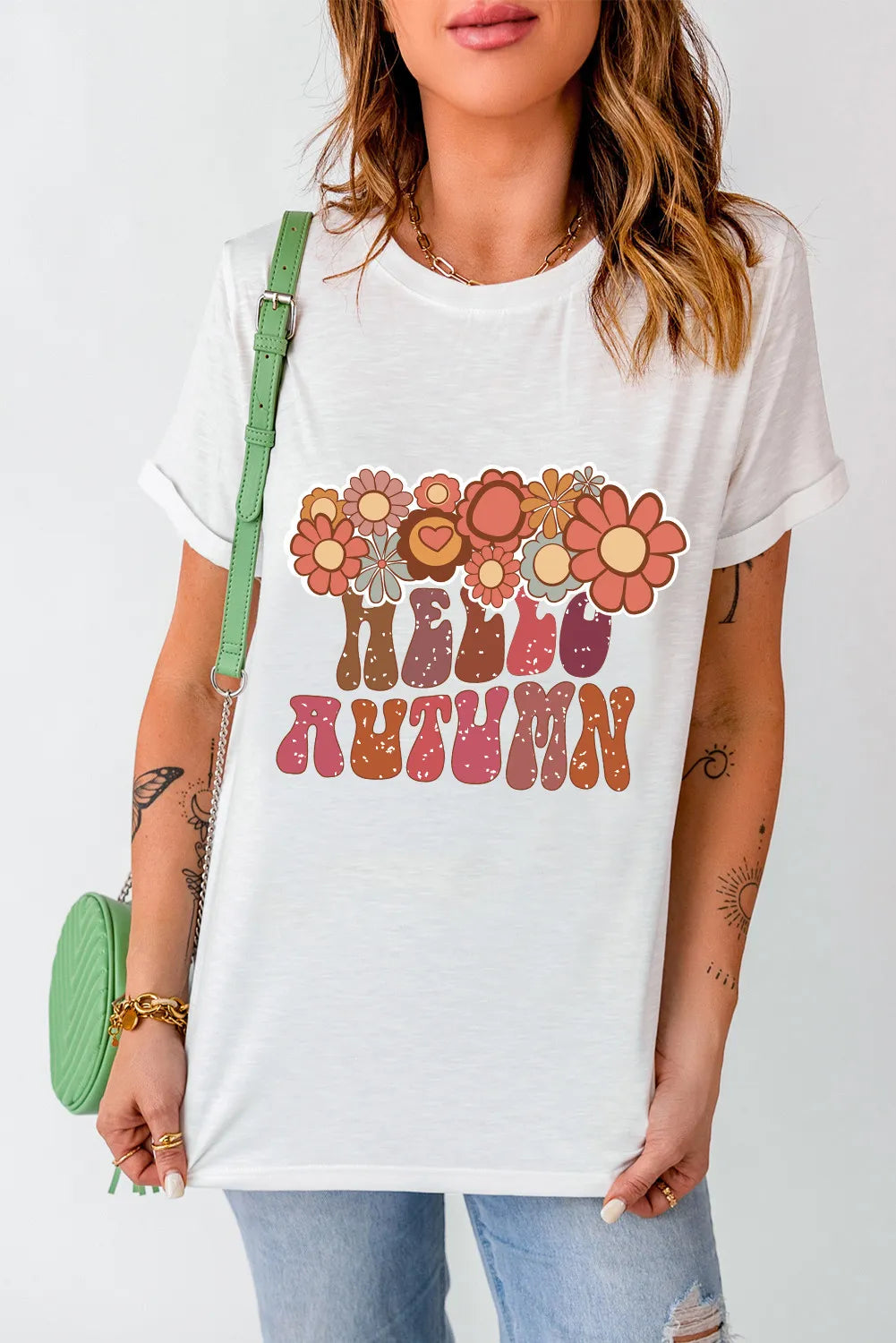 Flower & Letter Graphic Round Neck Short Sleeve T-Shirt - Charming Charlie