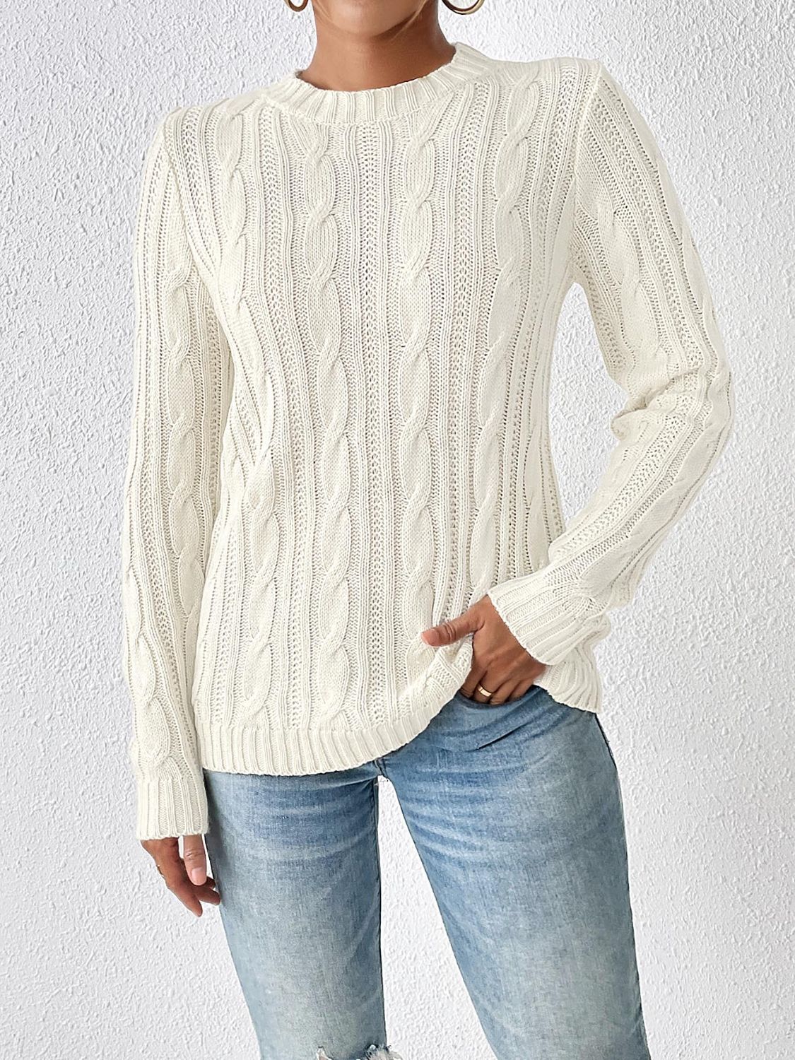 Cable-Knit Round Neck Sweater - Charming Charlie