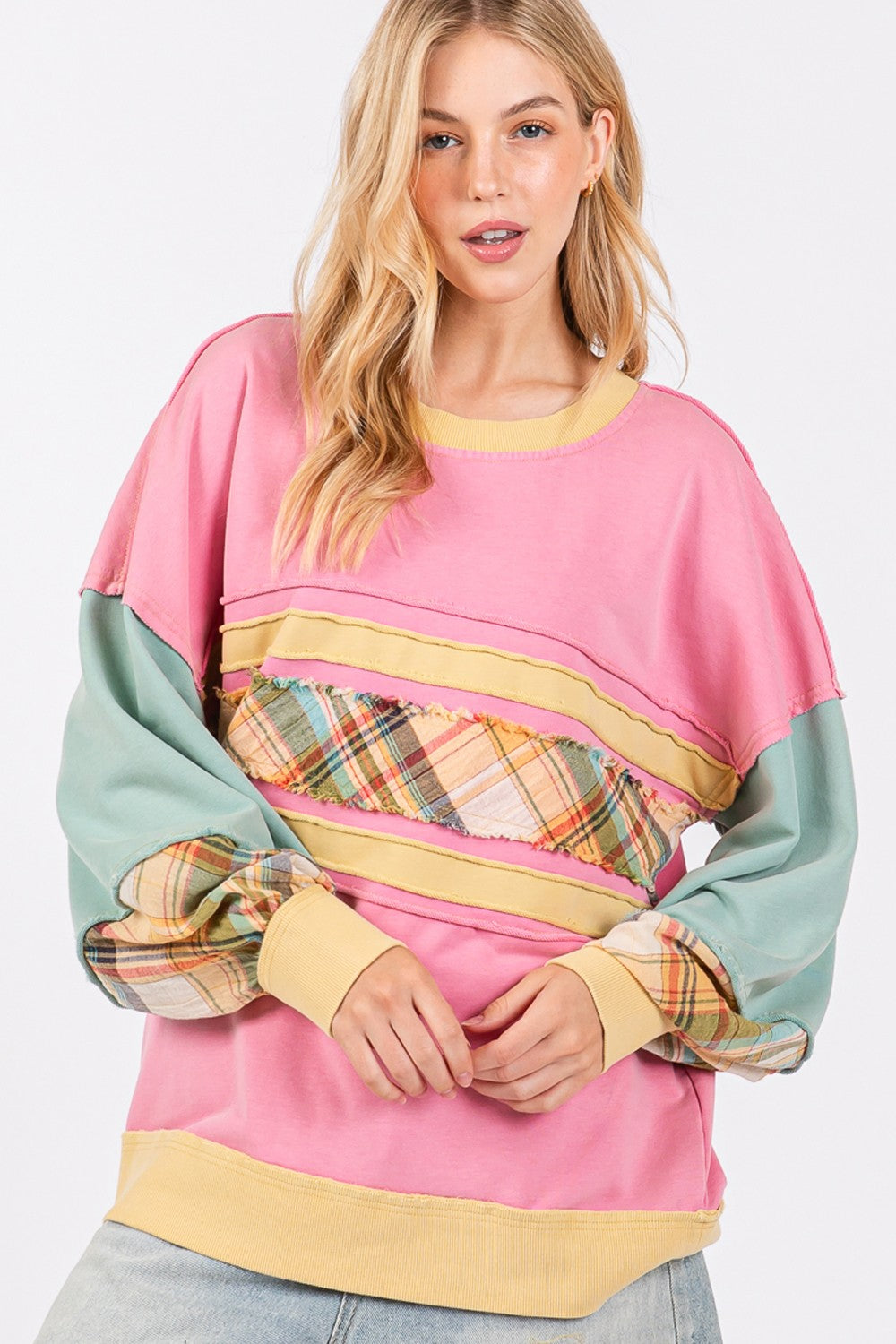 SAGE + FIG Mineral Wash Raw Edge Color Block Sweatshirt - Charming Charlie