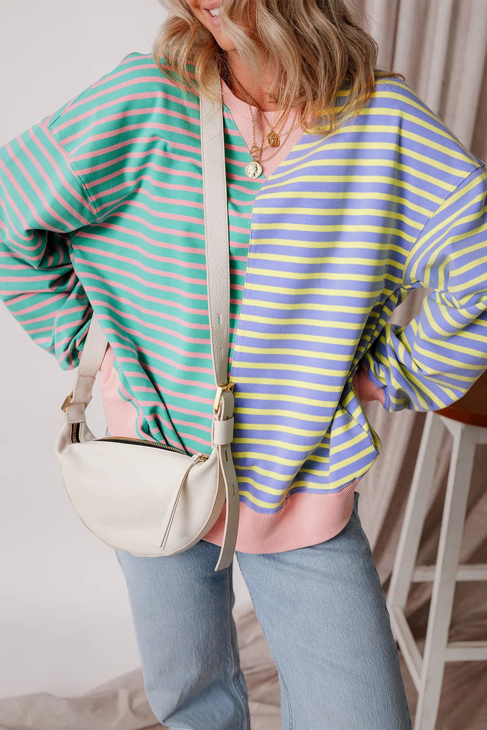 Contrast Stripes Round Neck Long Sleeve Sweatshirt - Charming Charlie