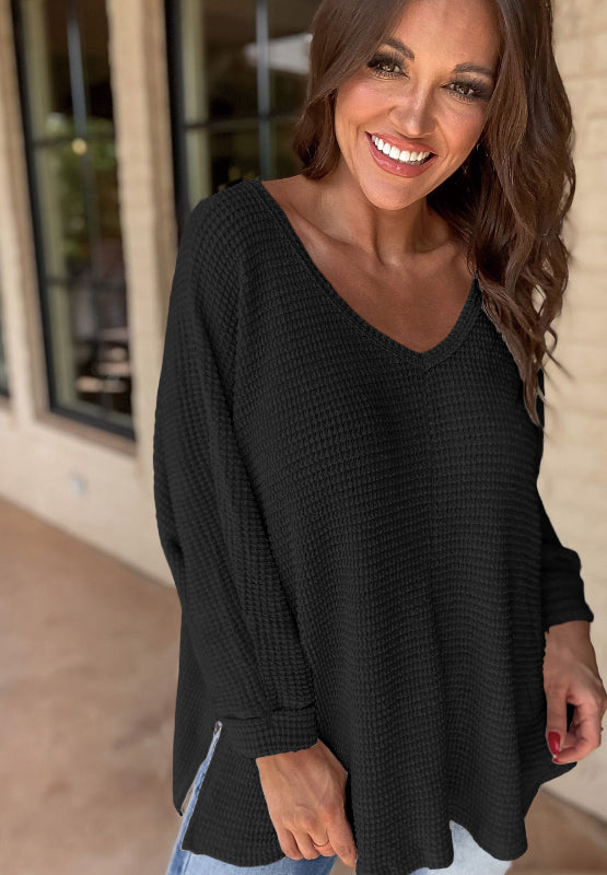 Side Slit V-Neck Long Sleeve Top - Charming Charlie