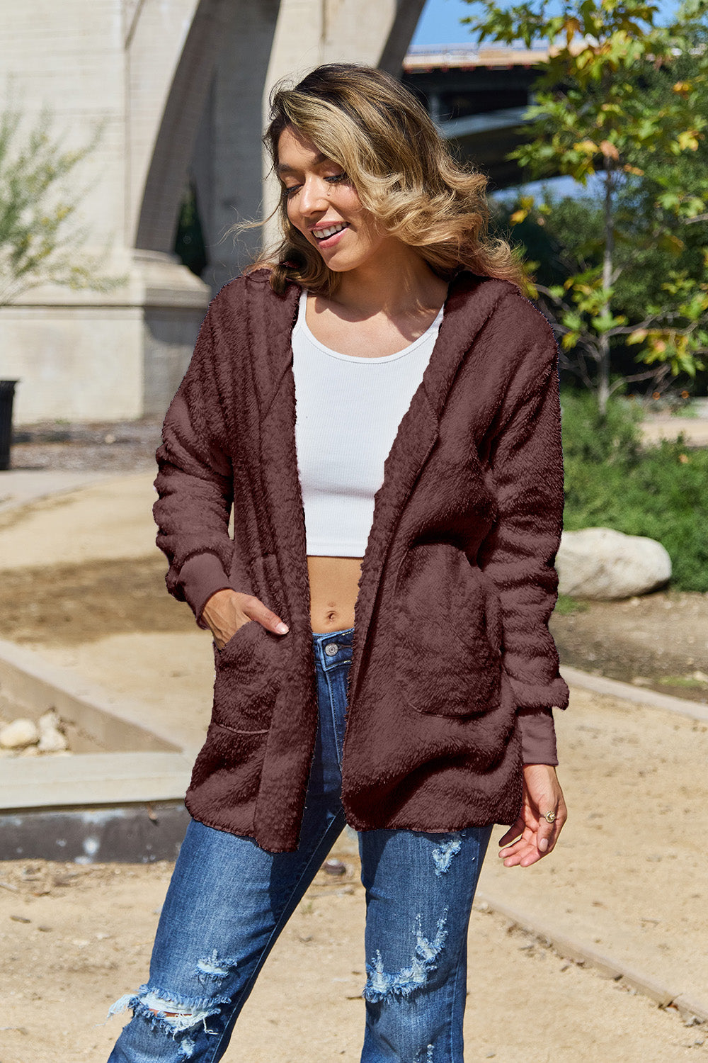 Full Size Teddy Hooded Jacket with Pockets - Charming Charlie