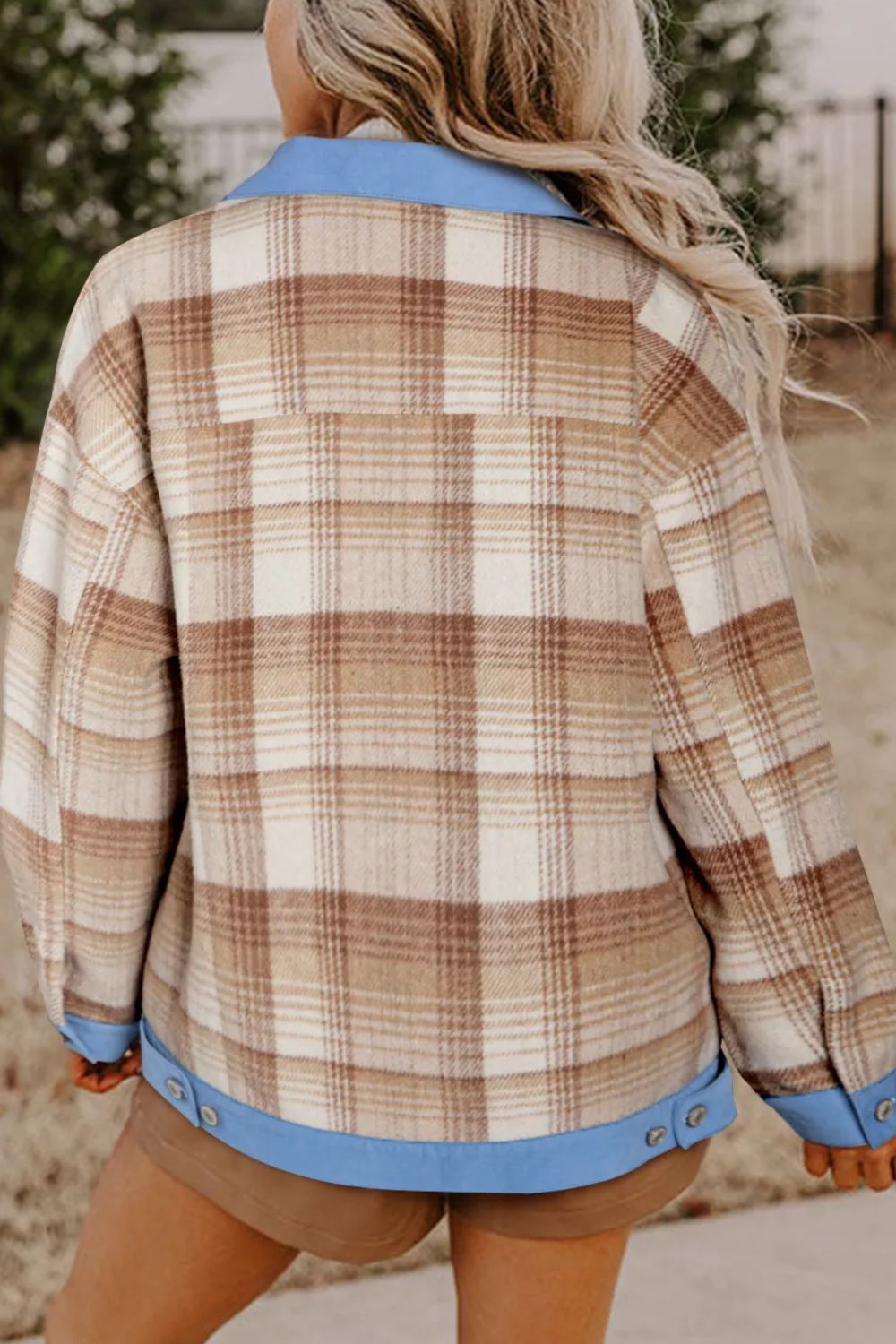 Contrast Trim Plaid Collared Neck Shacket - Charming Charlie
