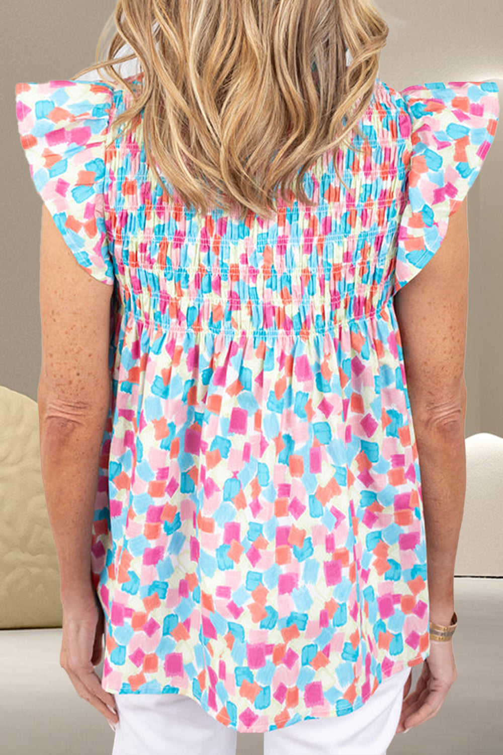 Ruffled Printed Notched Cap Sleeve Blouse - Charming Charlie