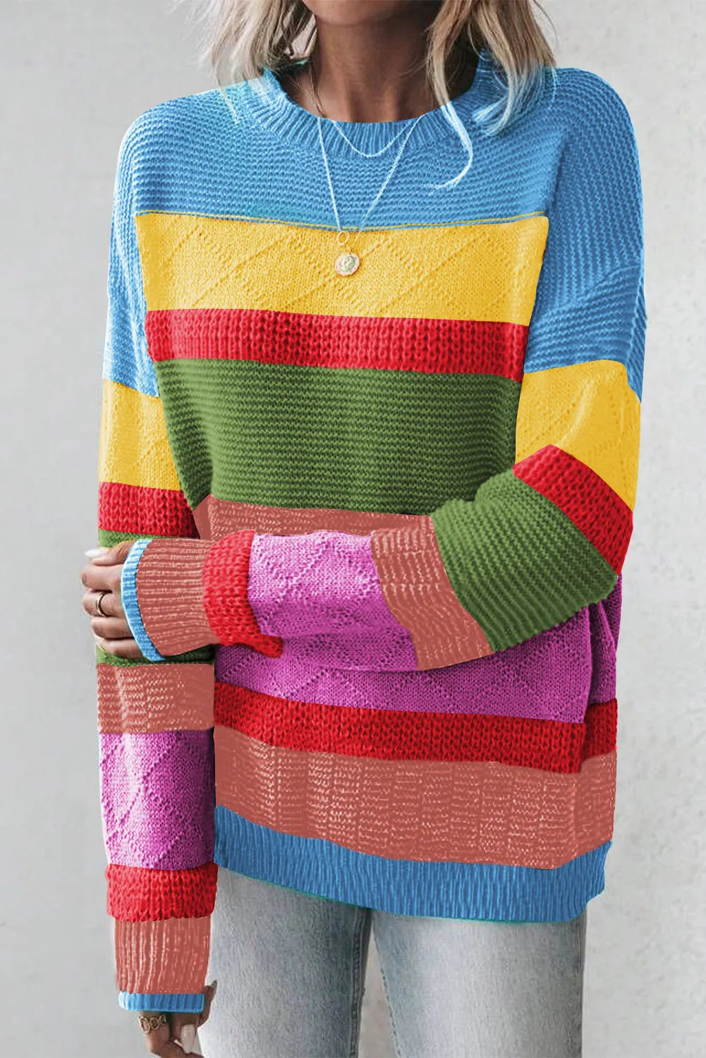 Contrast Round Neck Dropped Shoulder Sweater - Charming Charlie