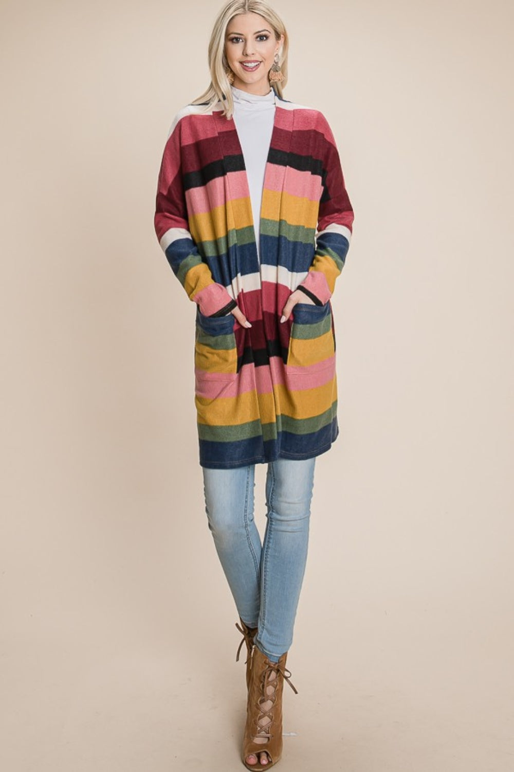 BOMBOM Color Block Striped Open Front Cardigan - Charming Charlie