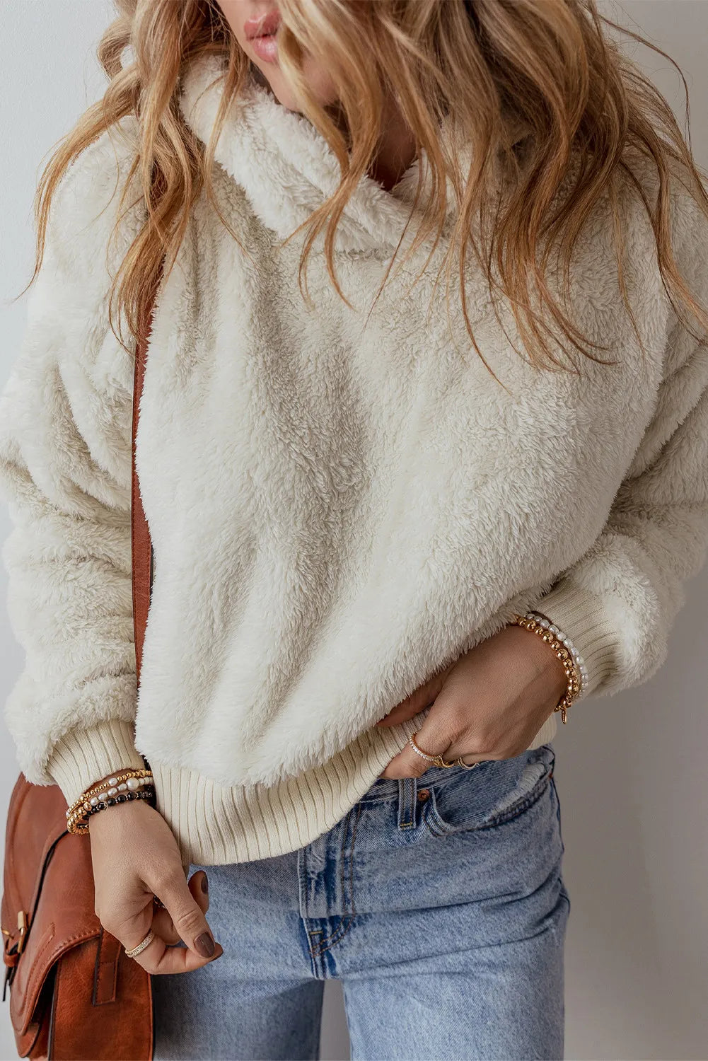 Fuzzy Dropped Shoulder Long Sleeve Hoodie - Charming Charlie