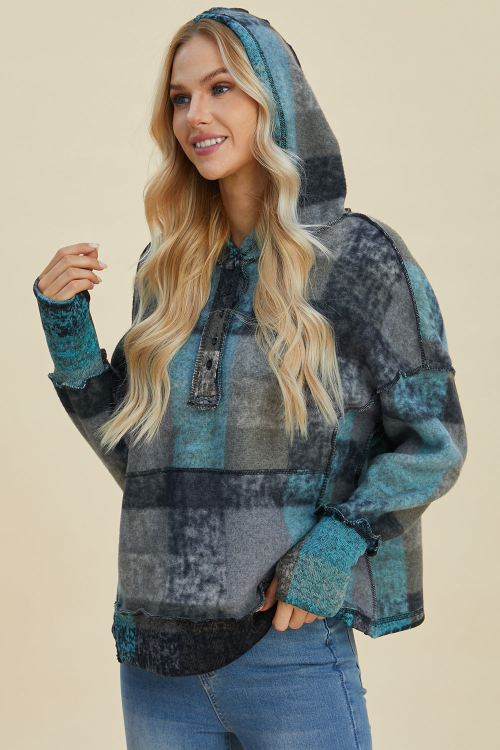 Double Take Full Size Plaid Dropped Shoulder Fleece Hoodie - Charming Charlie