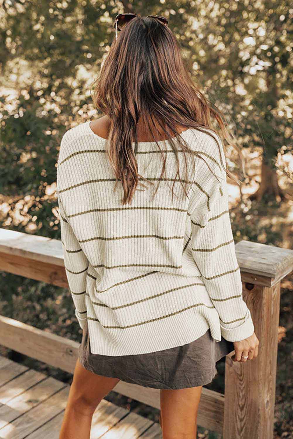 Striped V-Neck Drop Shoulder Sweater - Charming Charlie