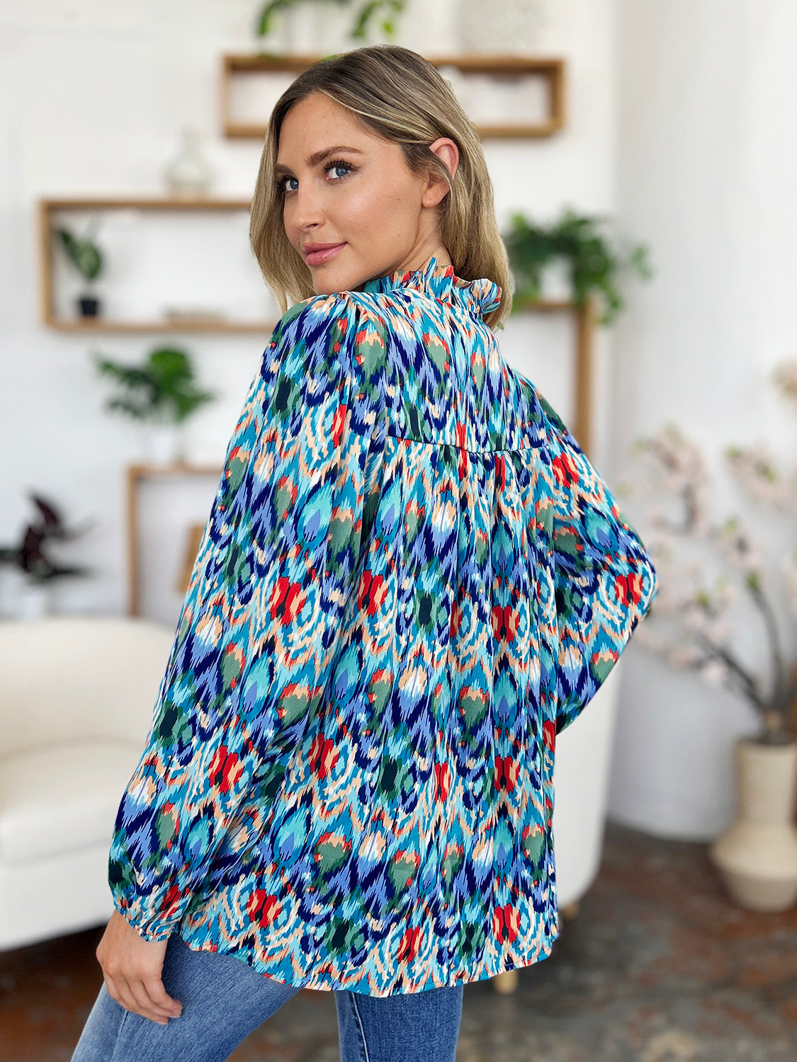 Double Take Full Size Printed Balloon Sleeve Blouse - Charming Charlie