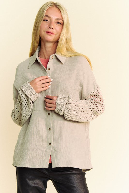 Davi & Dani Crochet Sleeve Crinkled Texture Shirt - Charming Charlie