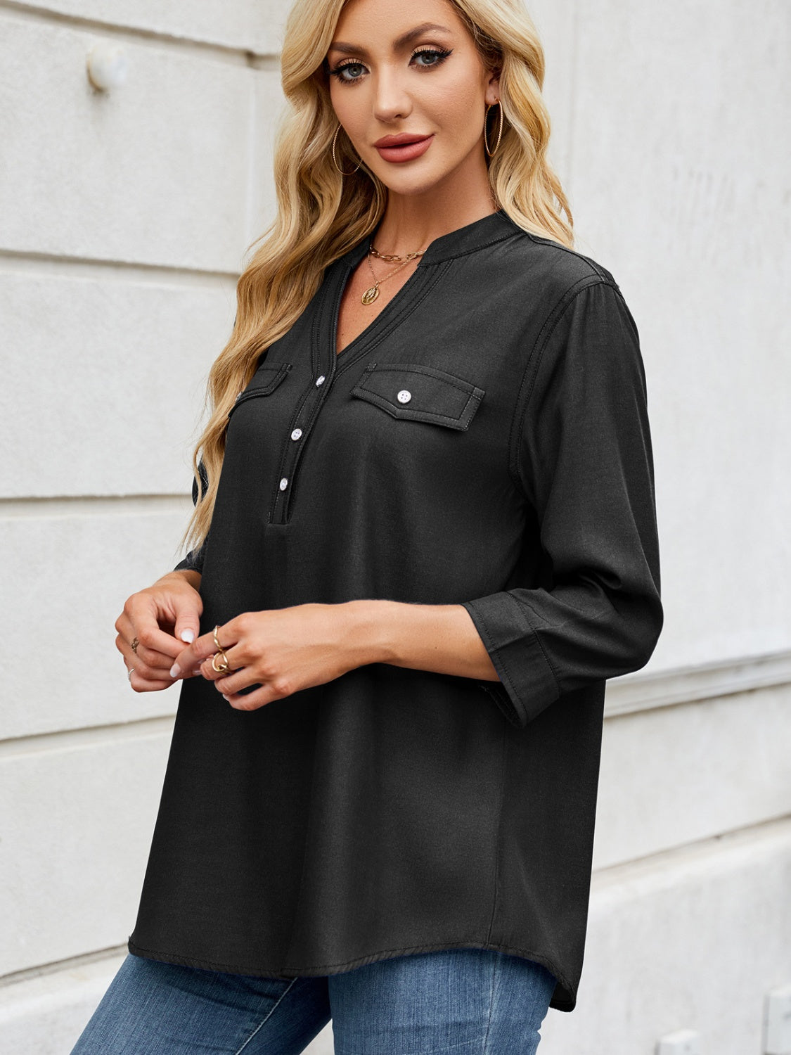 Notched Three-Quarter Sleeve Denim Top - Charming Charlie