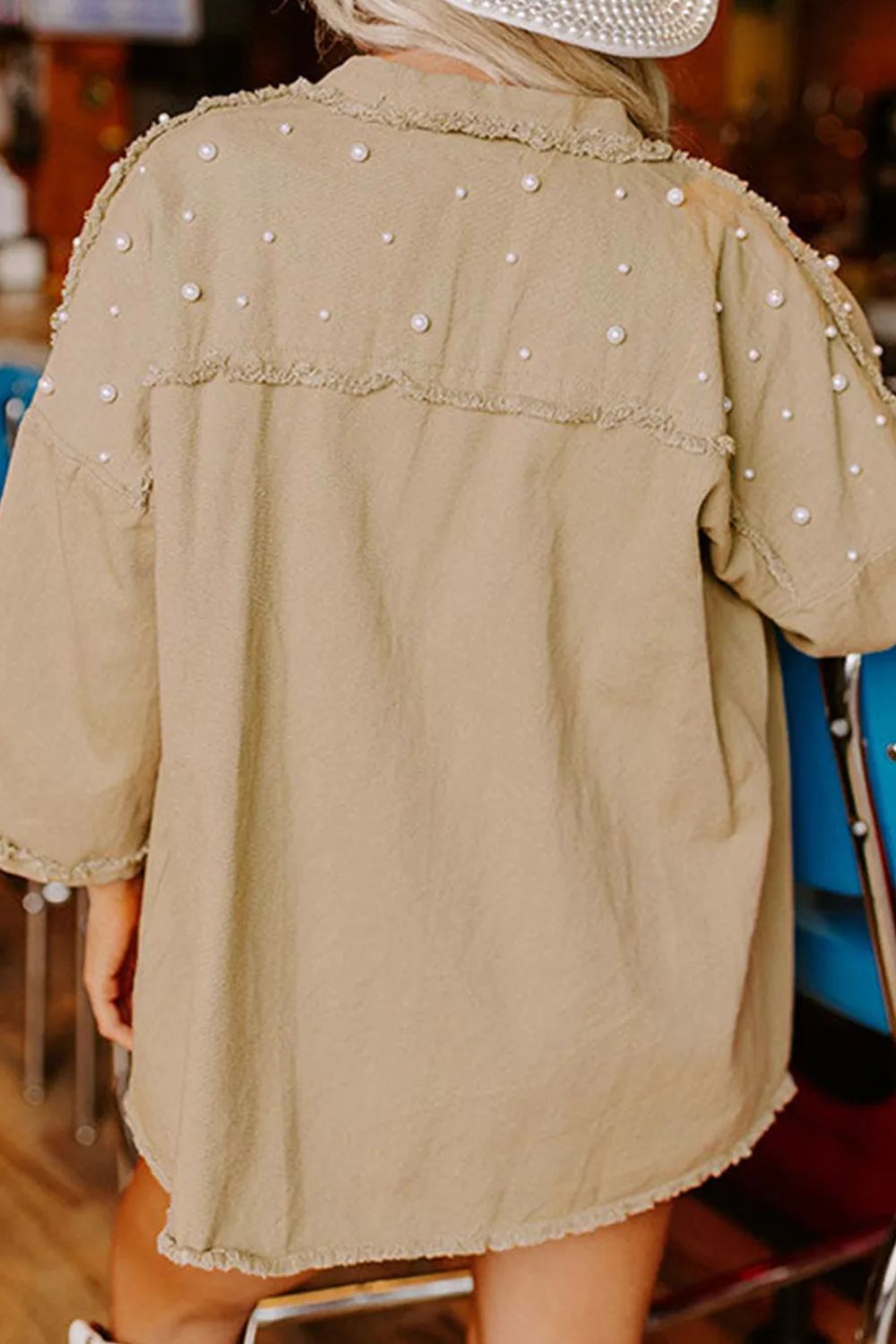 Raw Hem Pearl Trim Dropped Shoulder Denim Jacket - Charming Charlie
