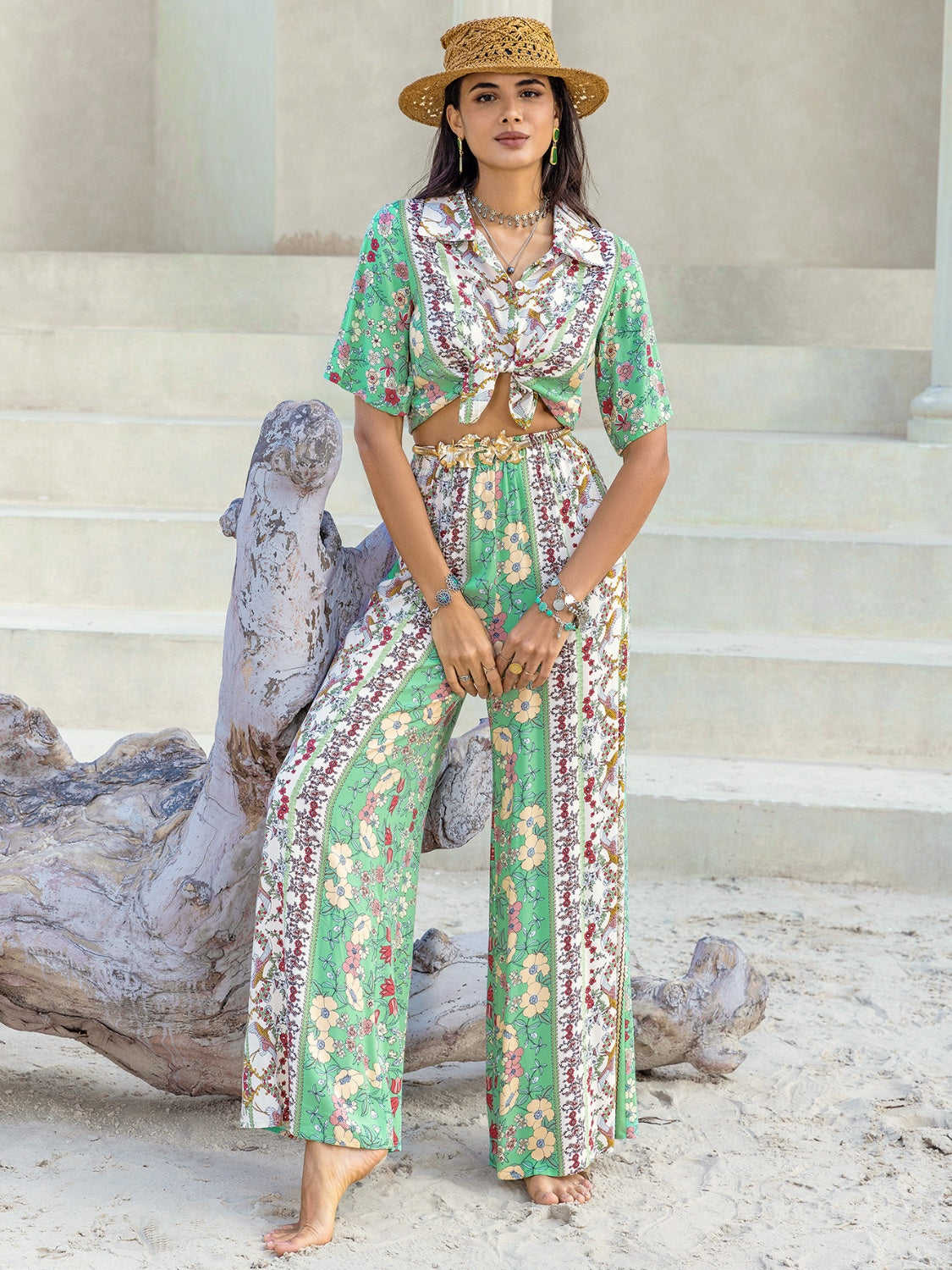 Printed Half Sleeve Top and Wide Leg Pants Set - Charming Charlie