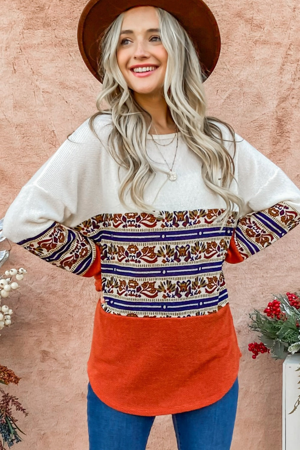 And The Why Ethnic Print Color Block Top - Charming Charlie