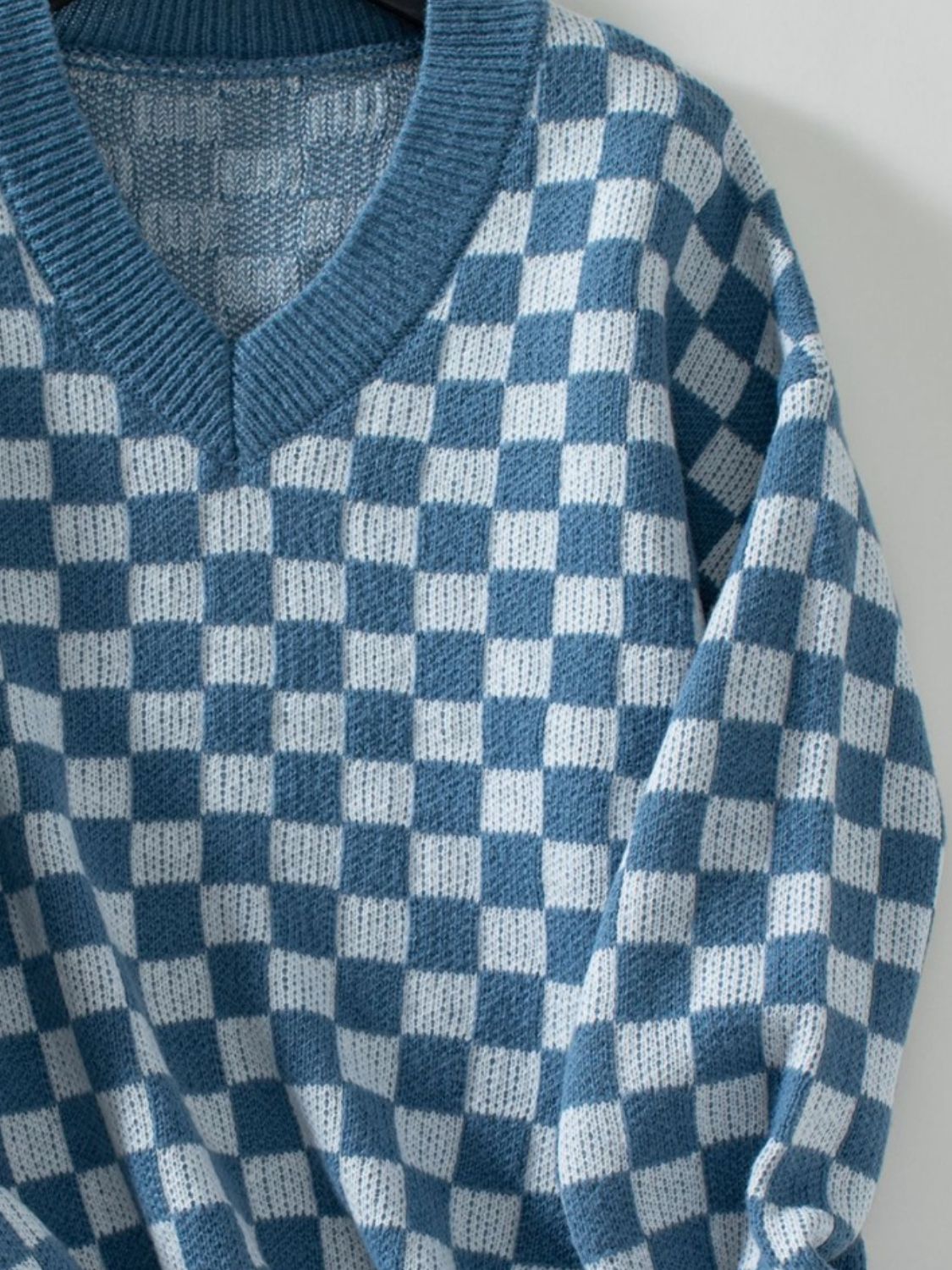 Checkered V-Neck Dropped Shoulder Sweater - Charming Charlie