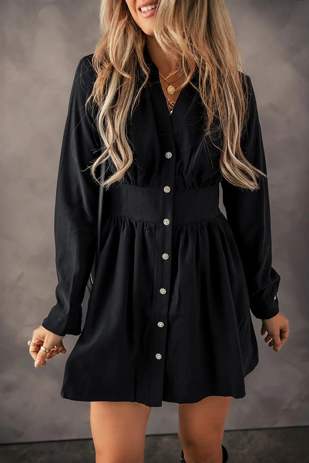 Ruched Button Up Long Sleeve Dress - Charming Charlie