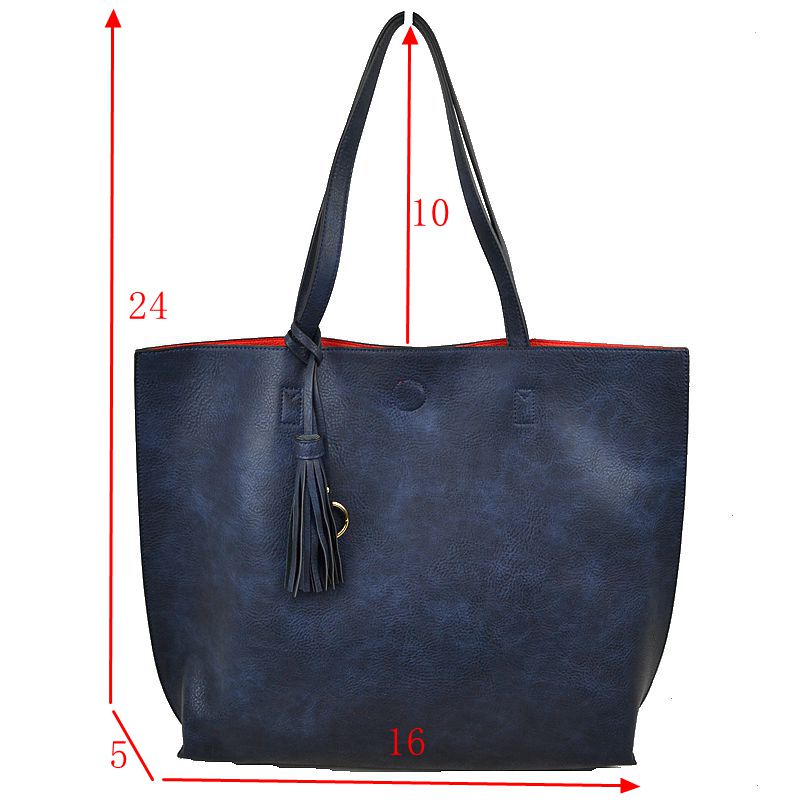 Reversible Faux Leather Tote Bag Vegan Tassel Handbag - Tote Bag