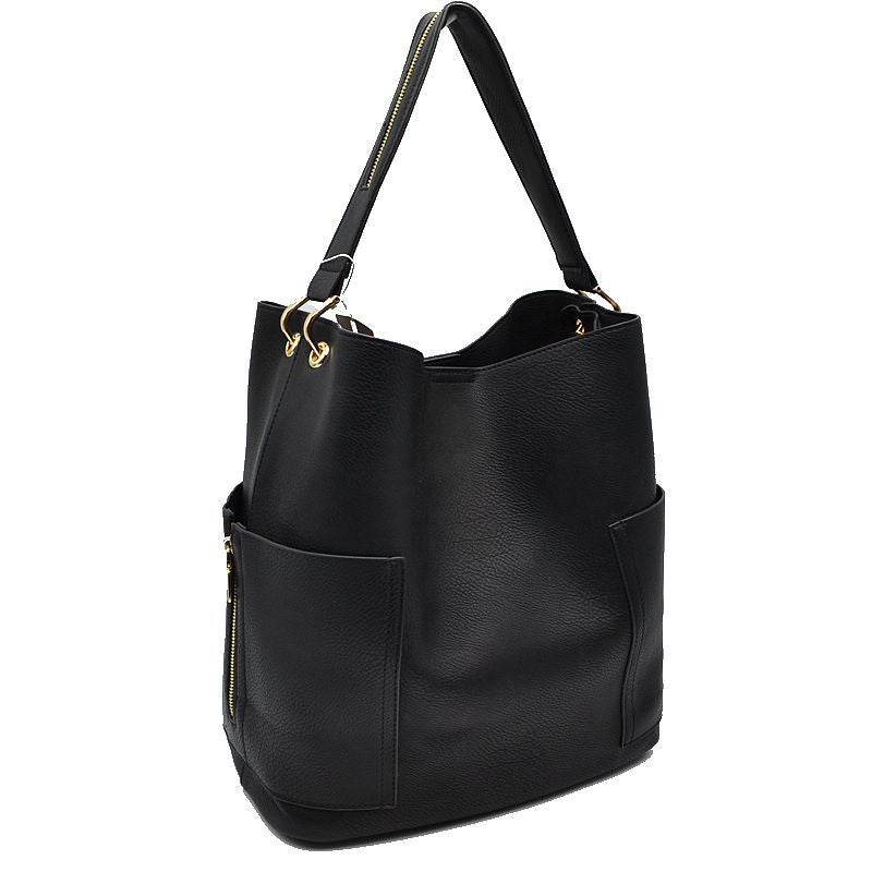 2-in-1 Chic Satchel Side Pocket Bucket Bag with Long Strap - Tote Bag