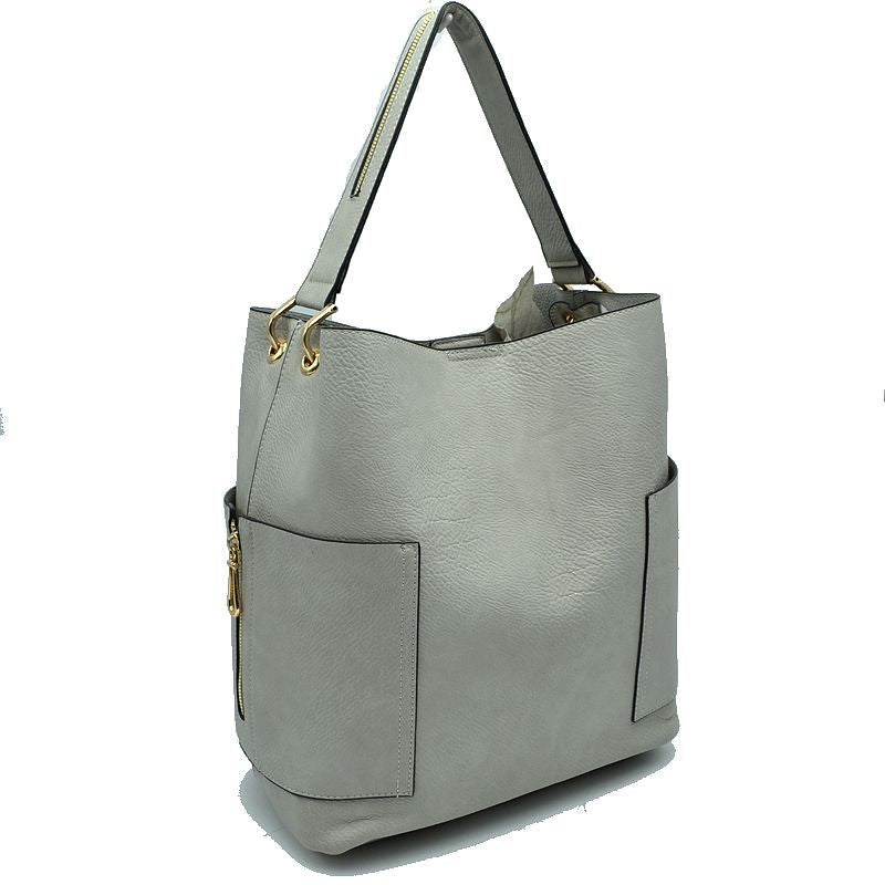 2-in-1 Chic Satchel Side Pocket Bucket Bag with Long Strap - Tote Bag