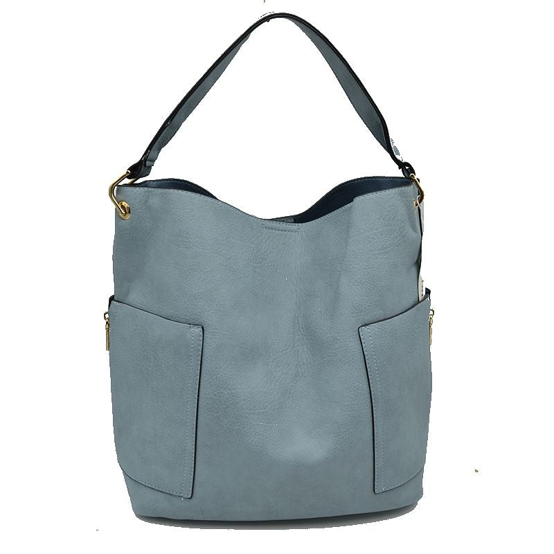 2-in-1 Chic Satchel Side Pocket Bucket Bag with Long Strap - Tote Bag