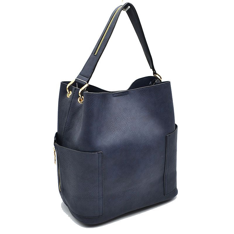 2-in-1 Chic Satchel Side Pocket Bucket Bag with Long Strap - Tote Bag
