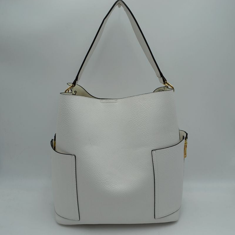 2-in-1 Chic Satchel Side Pocket Bucket Bag with Long Strap - Tote Bag