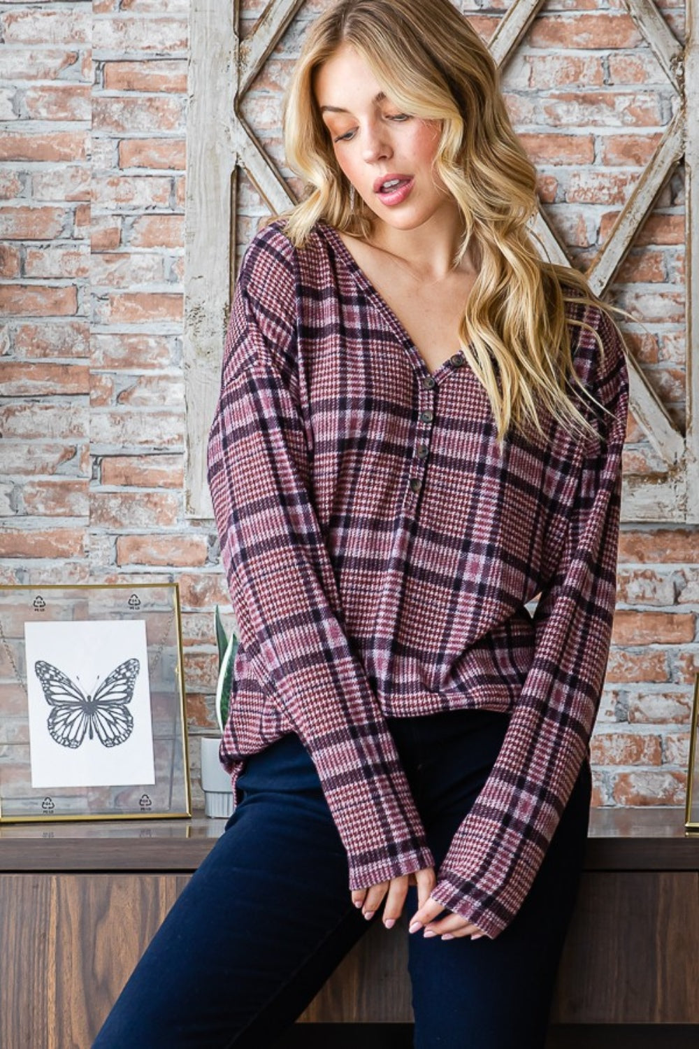 Heimish Full Size Plaid V-Neck Long Sleeve Top - Charming Charlie