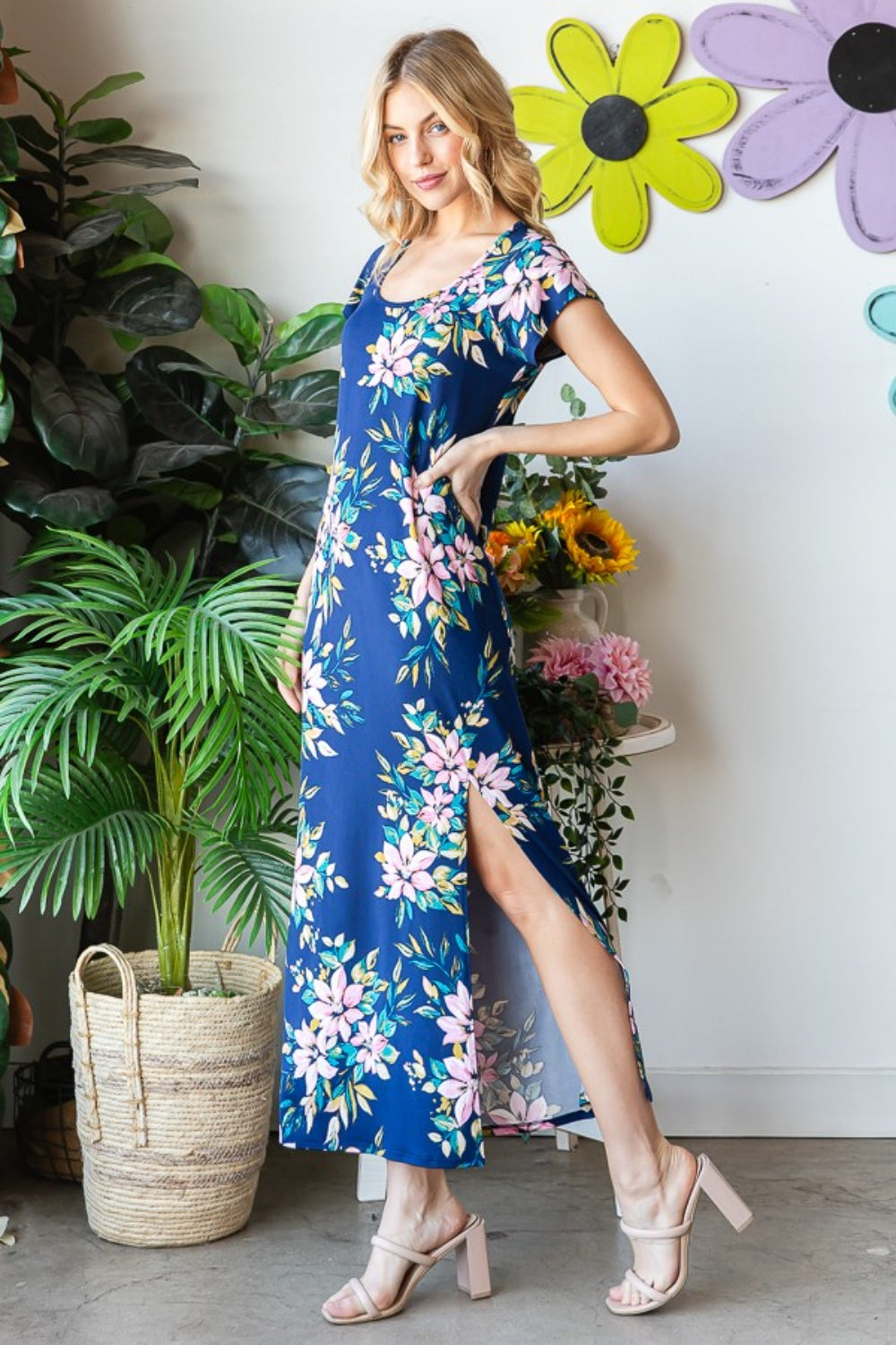 Heimish Full Size Floral Short Sleeve Slit Dress - Charming Charlie