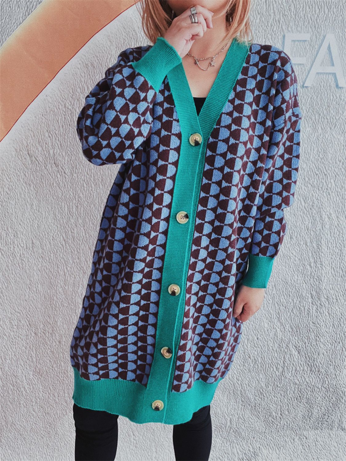 Contrast Trim Geometric Button Down Cardigan - Charming Charlie