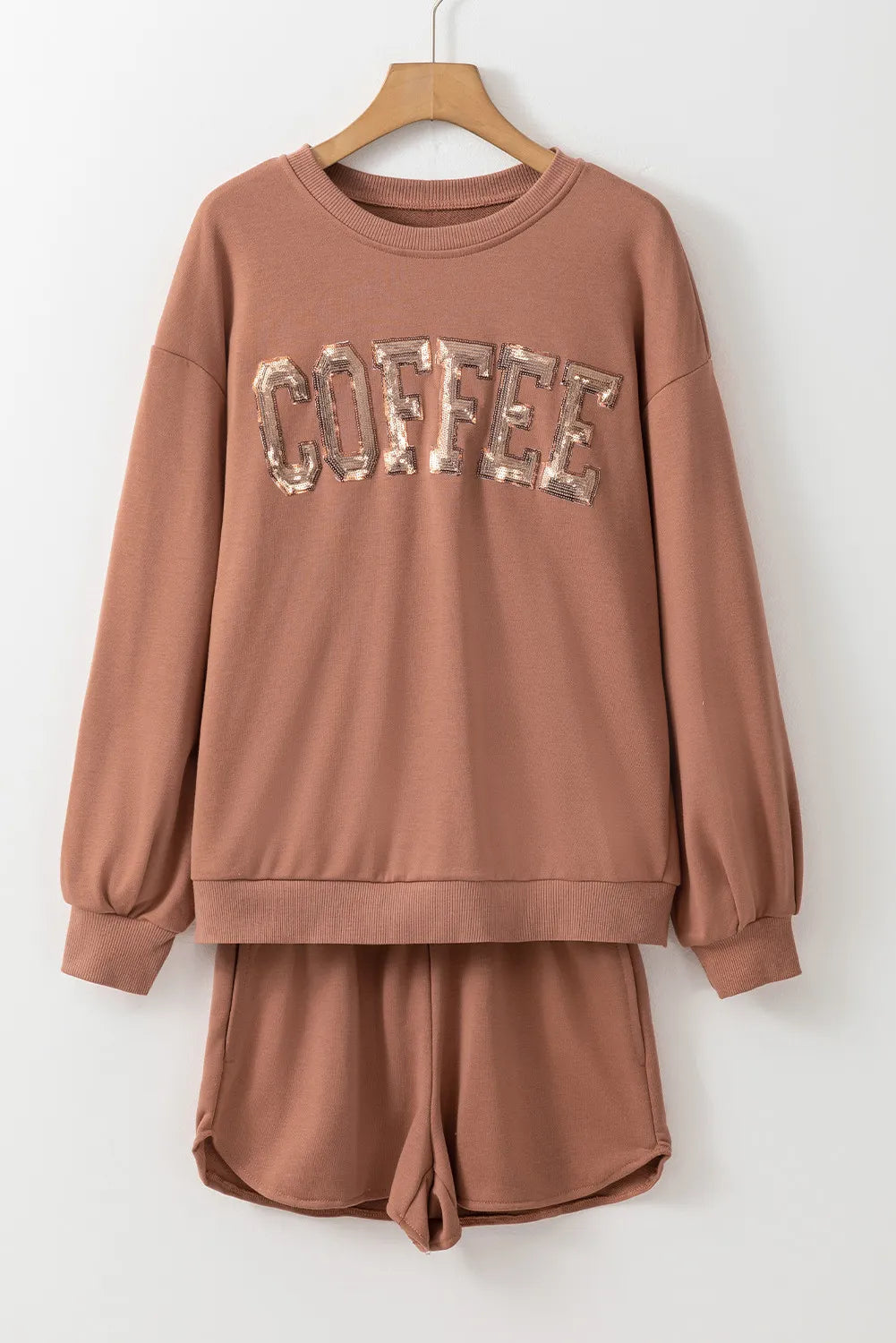 COFFEE Sequin Round Neck Long Sleeve Top and Shorts Set - Charming Charlie